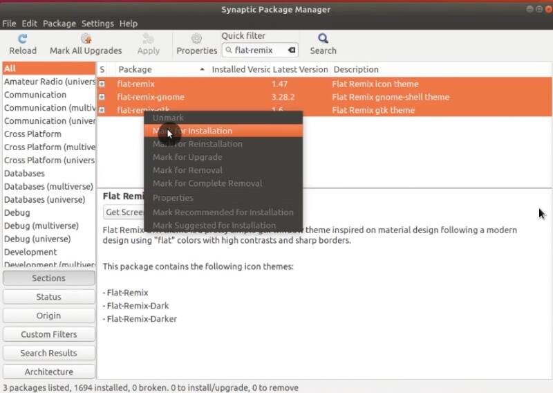 Installing Flat Remix theme packages from Synaptic