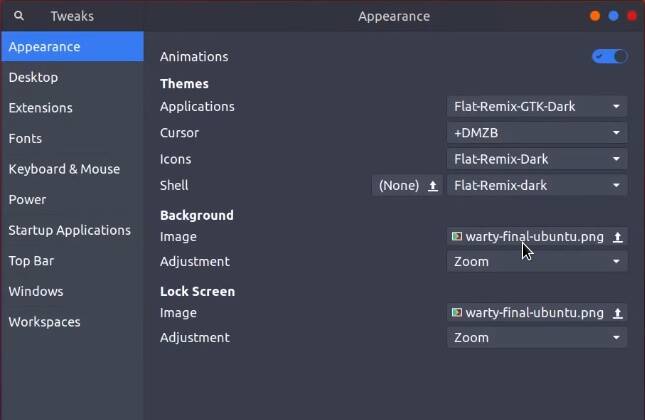Selecting Flat Remix theme in GNOME Tweaks