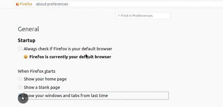 Enabling Show windows and tabs from last time in Firefox preferences