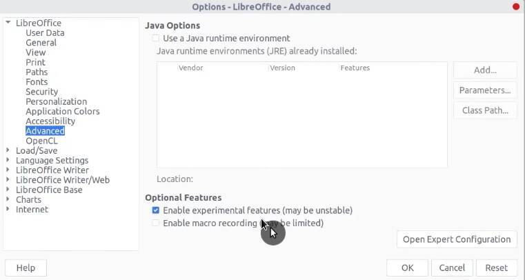 Enabling Experimental Features for LibreOffice
