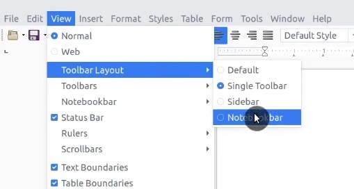Selecting Notebookbar Toolbar Layout in LibreOffice.