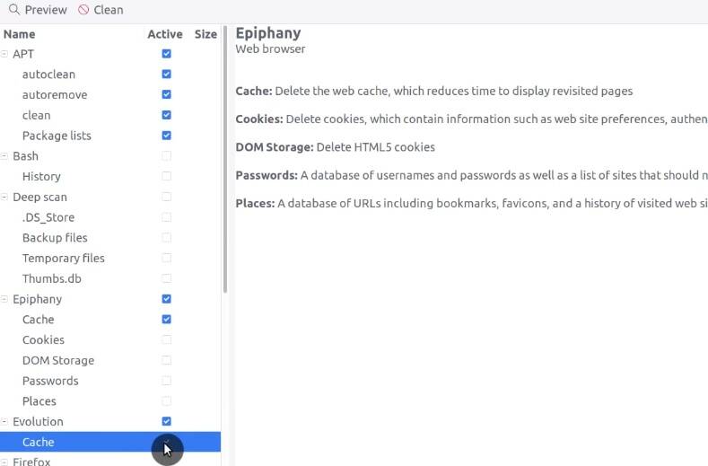 Bleachbit cleaning options