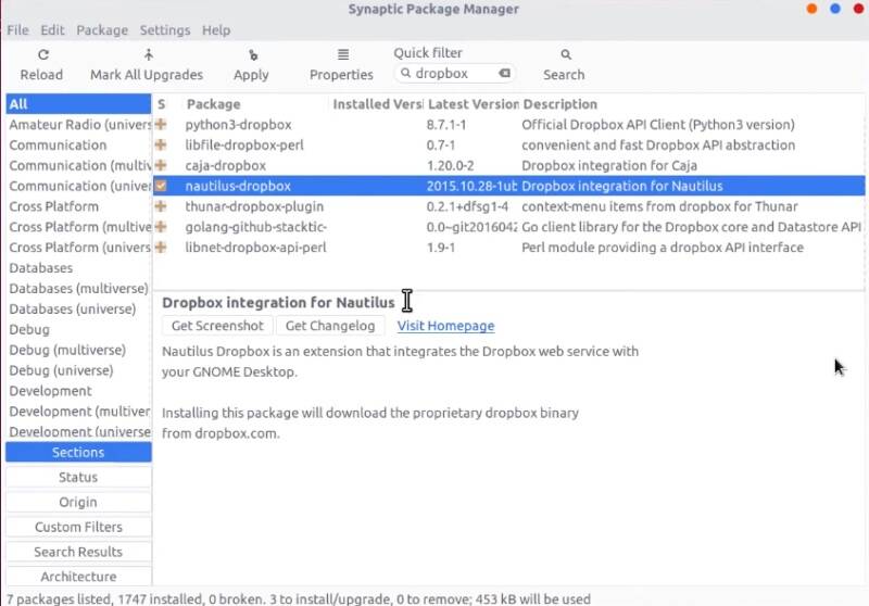 Installing natulis-dropbox package from Synaptic