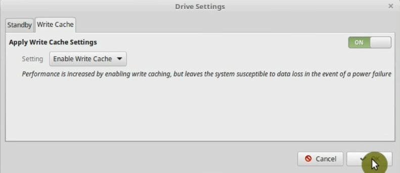 Enabling Write cache on Disk