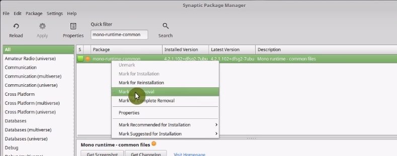 Uninstalling mono package from Synaptic