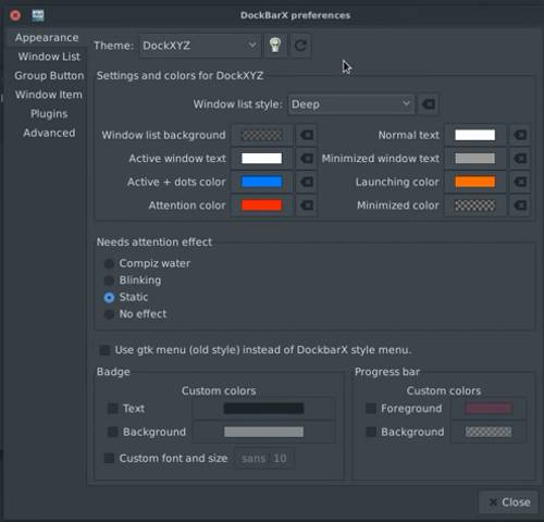 DockBarX panel in XFCE. Configuration