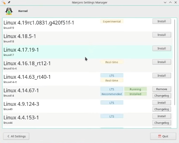 Kernel section of Manjaro settings manager