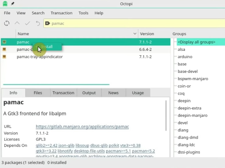 Installing pamac package from octopi