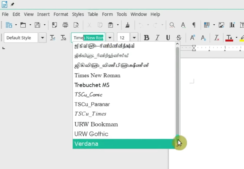 Showing the fonts available from LibreOffice. Microsoft Fonts are installed.