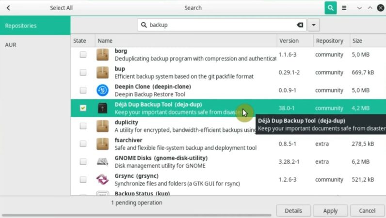 Installing Dèjá dup backup tool from pamac