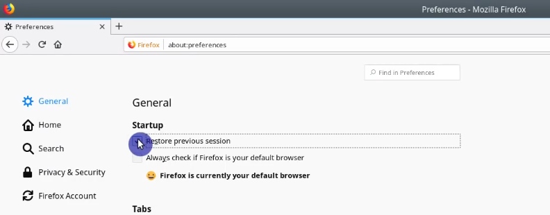Enabling Restore Previous Session on Firefox preferences