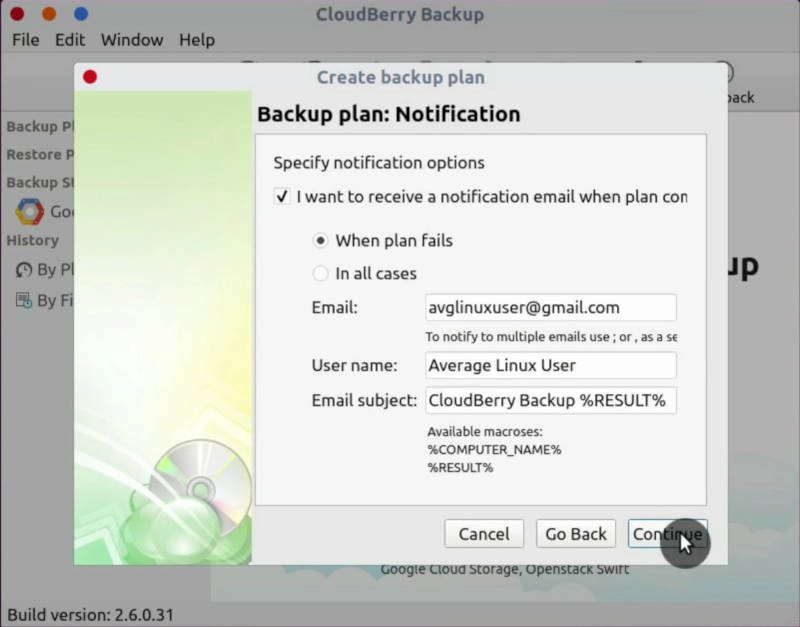 Cloudberry Backup: email notification options