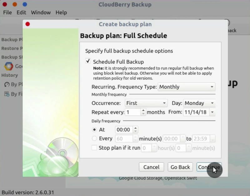 Cloudberry Backup: full schedule