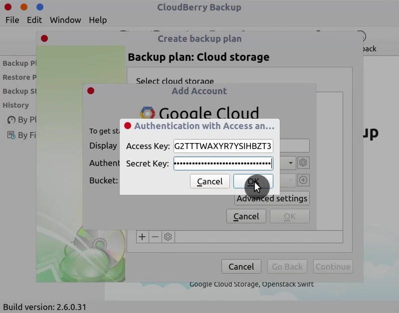 Cloudberry Backup access keys