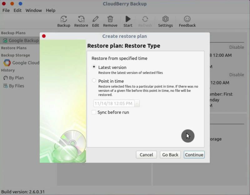Cloudberry Backup: Point in time to restore