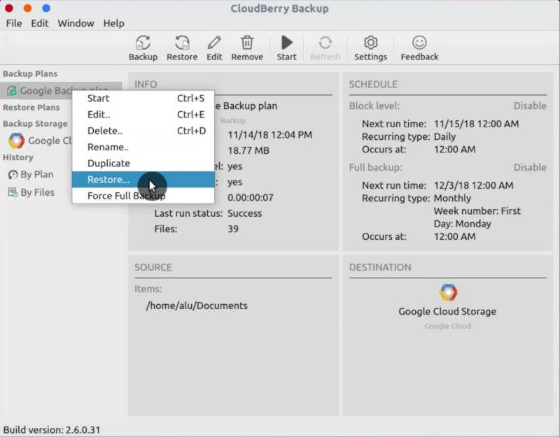 Cloudberry Backup: Restore option