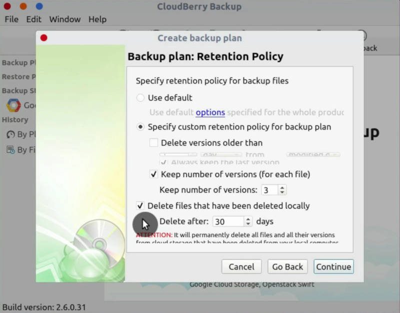 Cloudberry Backup: retention policies