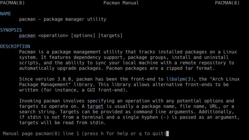 Pacman manual page in color
