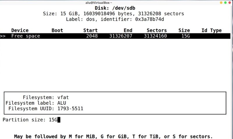 Selecting the size of the partition