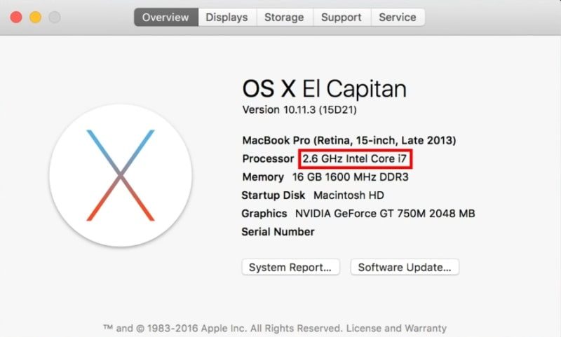 Showing the processor model on mac