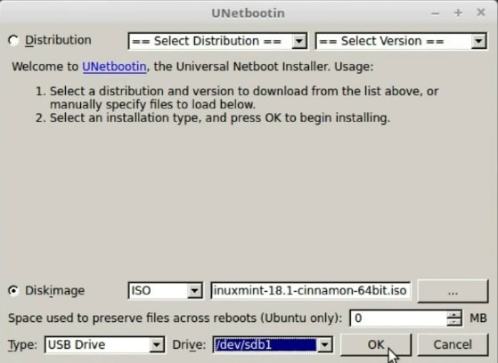 Creating the bootable USB with Unetbootin