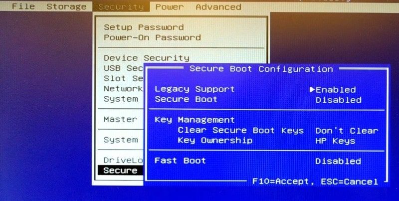 Secure Boot menu