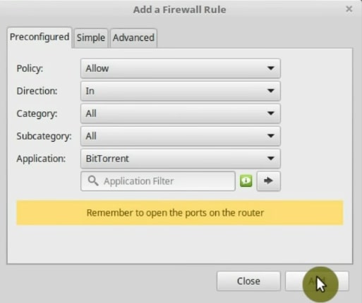 Setting a rule for BitTorrent on the firewall