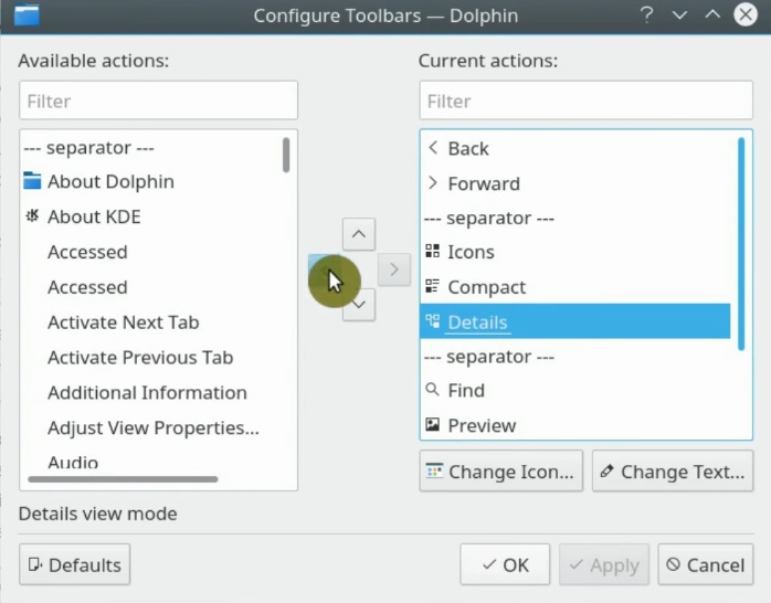 Removing the Details option from the toolbar of Dolphin file manager