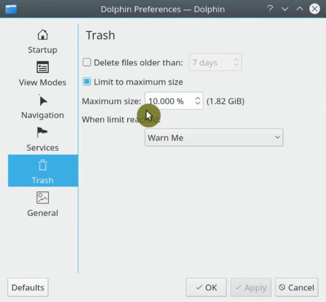 Trash size limits in Dolphin file manager