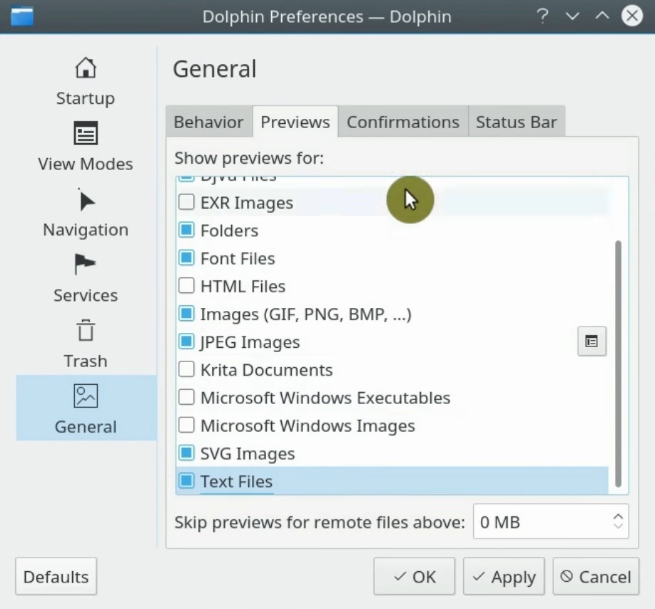 Enable previews for many formats files in Dolphin file manager