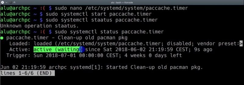 The paccache status in systemd is active
