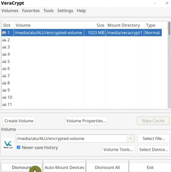 Dismounting the encrypted volume in VeraCrypt