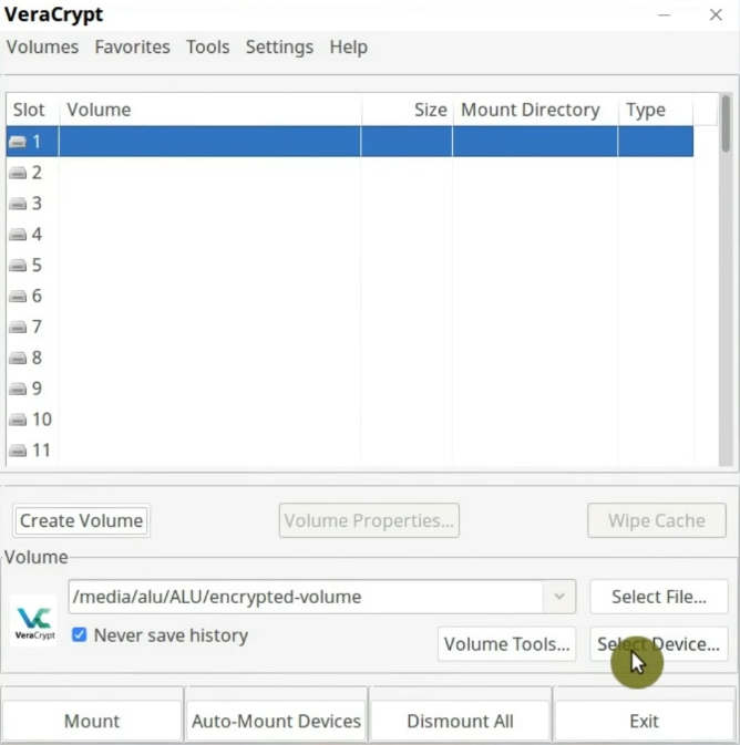 Select the encrypted partition to mount in VeraCrypt