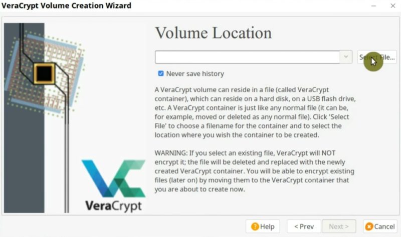 Set the volume location in VeraCrypt