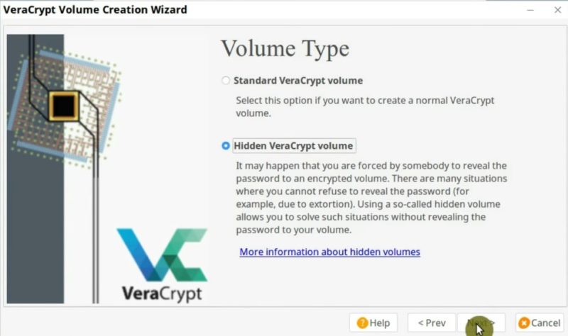 Choose the volume type in VeraCrypt