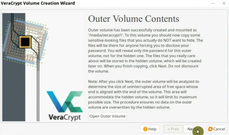 Description of the outer encryption volume used to hide the real encryption volume in VeraCrypt
