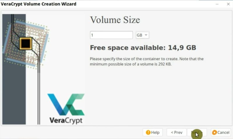 Set the volume size in VeraCrypt