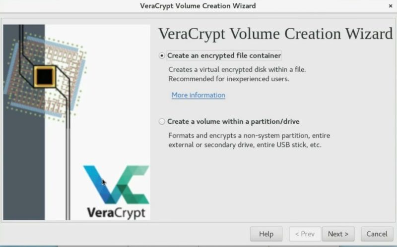 Veracrypt options: an encrypted file container or an encrypted partition/drive 
