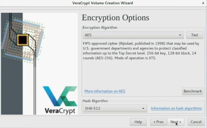 Select the algorithm encryption for the Veracrypt volume