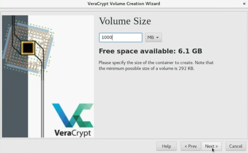 Define the Veracrypt volume size