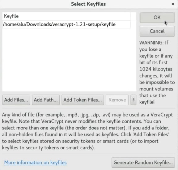 Add the keyfile in Veracrypt