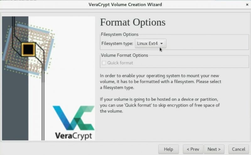 Choose the filesystem type for the volume in Veracrypt