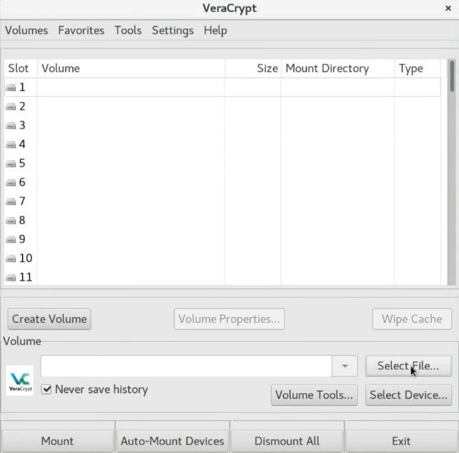 Select the volume file to mount in Veracrypt