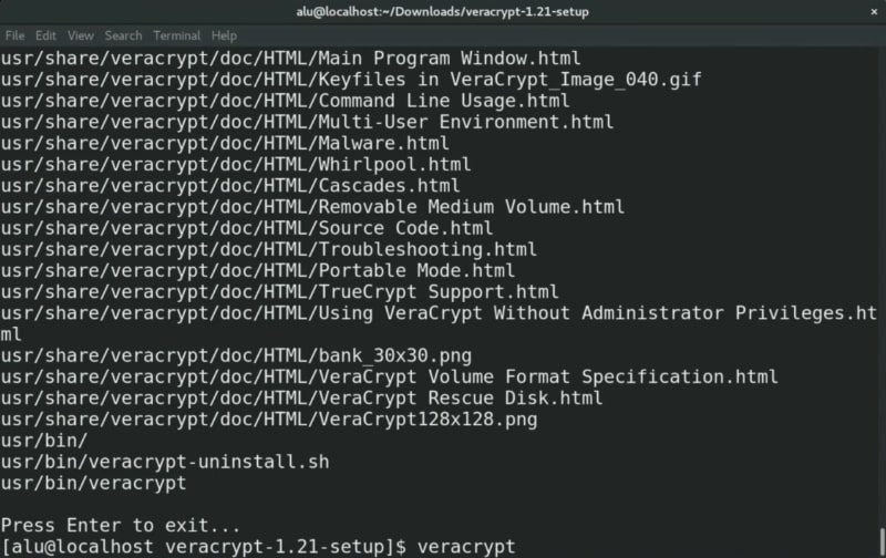 Terminal window showing that Veracrypt has been installed successfully