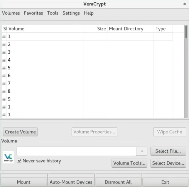 The VeraCrypt main window