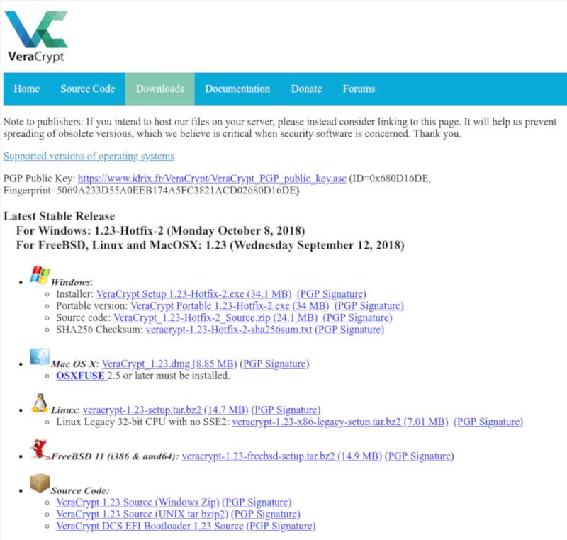 Screenshot of the VeraCrypt Download page