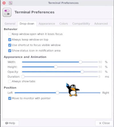 Preferences menu of the XFCE drop-down terminal 