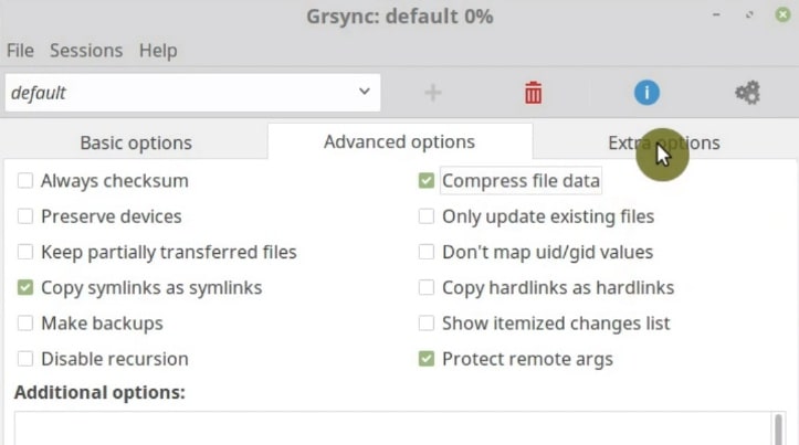 The advanced options tab of Grsync