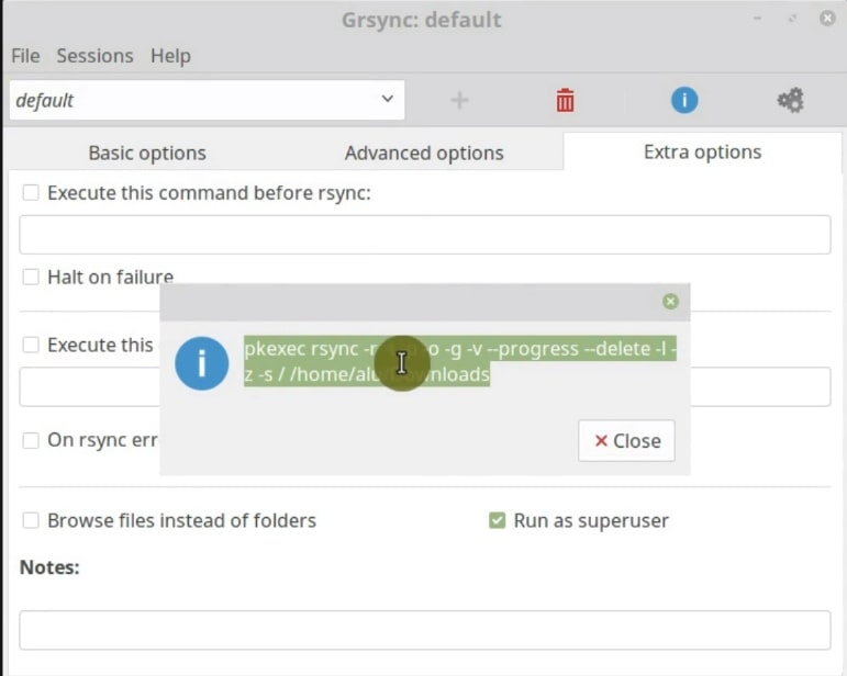 The rsync command generated by Grsync