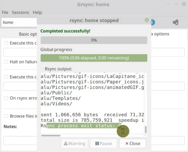 Now everything is ok in Grsync backup simulation